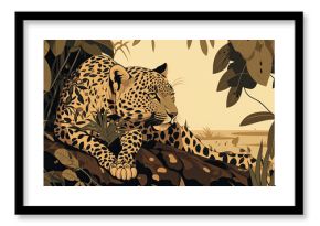 Leopard - Minimalistic flat design landscape illustration. Image for a wallpaper, background, postcard or poster. Generative AI