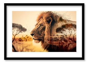 Double Exposure of a lion and the africa savannah - Generative Ai