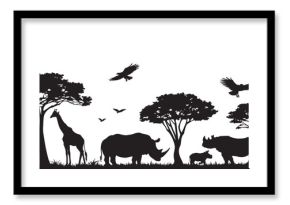 Silhouette of animals and birds in the savannah. African landscape scene. Vector horizontal seamless tropical background with rhinos, giraffes and flying birds. Black isolated silhouette
