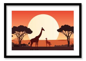 Silhouettes of wild African giraffes at sunset. Safari. Vector illustration.