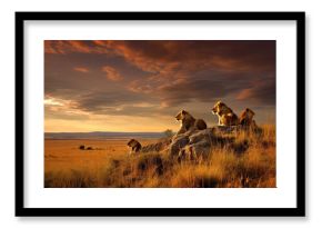 Wild lions in the African savannah at sunset. Generative AI