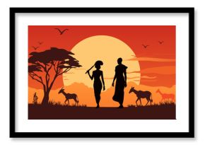 African landscape. Silhouettes of men and women representatives of the indigenous peoples of Africa against the backdrop of a beautiful sunset. Safari. Wildlife and animals of Africa. 