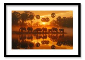 A herd of elephants gathered at a watering hole at dusk, the tranquility of the scene punctuated by the gentle sounds of drinking, a powerful image of communal life in the wild AI Generative