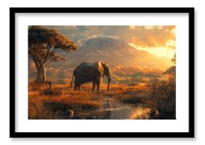 wild africa, sunset in africa, desert trees, sunset and sunlight. elephant walks in nature. African nature, landscape