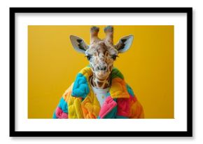 A charming and humorous take on wildlife fashion, this giraffe is decked out in an eye-catching quilted textile coat