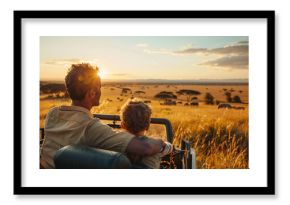 Sunset Safari Adventure Father and Son Watching Wildlife Golden Hour Light