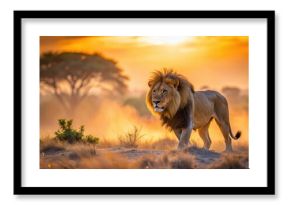 Majestic lion stalking in savanna under warm sunset lighting with dusty piles , lion, savanna, sunset, majestic, stalking, wildlife