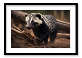 A honey badger tearing through a log in search of food in the African savannah, its ferocious nature evident