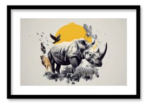 Abstract Wildlife Collage with Rhino and Birds.
