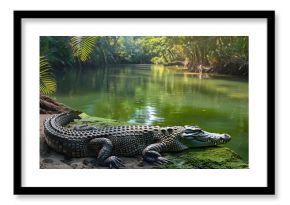 A crocodile basking in the sun on the edge of a lush green river in an African forest