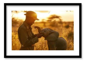 Ranger Bonding with Baby Elephant at Sunset