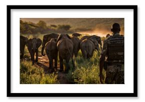 Ranger observing elephants at dawn in a grassy landscape