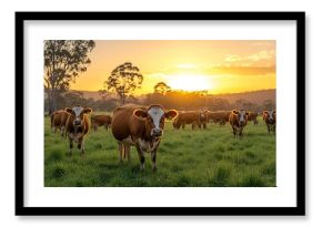 beautiful cattle in Australia  eating grass grazing on pasture Herd of cows free range beef being regenerative raised on an agricultural farm Sustainable farming : Generative AI