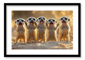 Five Meerkats Standing Tall in the Sunset
