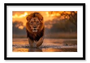 Majestic lion walking through water at sunset.