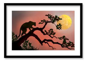Digital painting watercolor of Amazing safari silhouette of leopard on tree in africa with sunset.