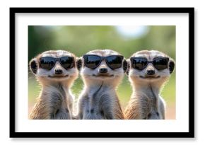 Three meerkats wearing sunglasses