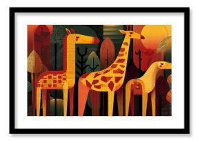 Colorful giraffe illustration in a stylized forest scene.