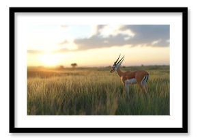 Gazelle Standing in Grassy Savannah Field at Sunrise in Africa