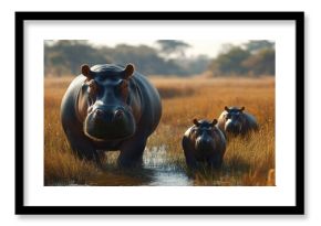 Hippopotamus family in a shallow riverbed