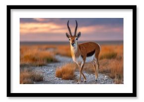 Graceful gazelle stands serenely in a grassy field with a beautiful sunset backdrop