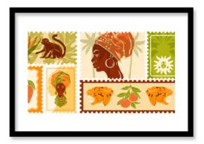 Tropical summer postal stamps, hand drawn African travel postmark stickers, exotic jungle animals. Tourism nature retro postcard print, Hawaii island plant silhouette sticker. Vintage tropical stamp