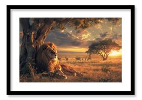 lion resting under tree in grassland, africa savanna safari sunset