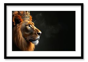 Majestic lion portrait wearing golden ornate crown on dark background. Regal animal king side profile symbolizes strength power royalty pride. Perfect for design projects posters prints.