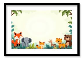 Colorful cartoon jungle friends surround an empty banner space