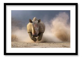 Rhinoceros charging, dust cloud