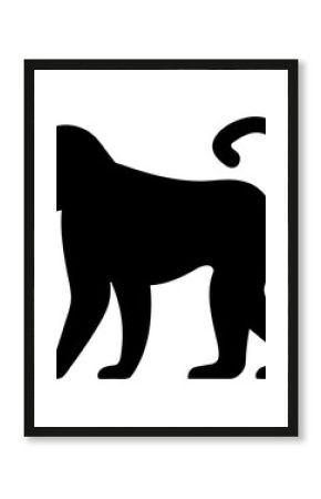 Silhouette of a baboon walking with a curly tail on a white background