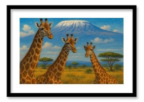 A serene trio of giraffes stands majestically against a backdrop of the iconic Mount Kilimanjaro, embodying the tranquility and beauty of Africa's savanna