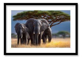 Elephants standing under a tree in an African savannah during a sunny afternoon
