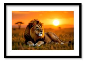 Majestic Lion Resting in African Savannah Sunset