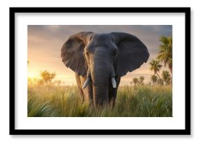Majestic elephant stands amidst a golden savanna at sunrise, showcasing the beauty of the African wilderness.