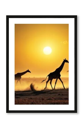 Pair of Giraffes Walking in Golden Savanna Sunset