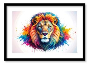 Colorful lion portrait with vibrant splashes
