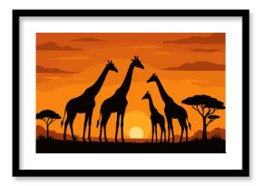 African safari scene with giraffe family silhouette at sunset. Wild animal landscape in Africa. Nature background with sun and acacia trees. Flat design vector illustration.