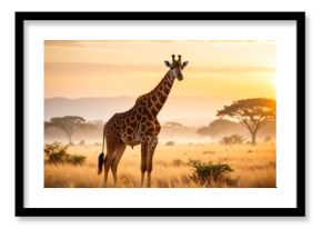 A giraffe stands in a savanna at sunrise, golden light illuminating the scene