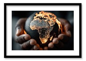 Earth, held gently in hands, glowing African continent