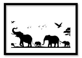 Silhouette of animals in the savannah. African landscape scene. Vector horizontal seamless tropical background with elephants, zebras, lion and birds. Black isolated silhouette
