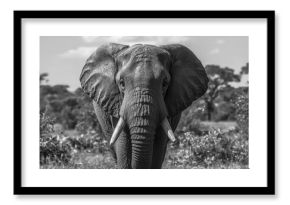 Monochrome photo of a large elephant nearing the camera
