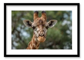 Close-up of a wild giraffe's face in its natural habitat.