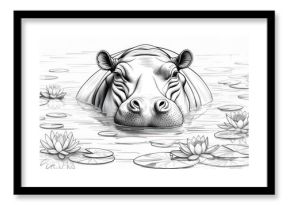 Hippo in Water with Water Lilies Black and White Sketch.