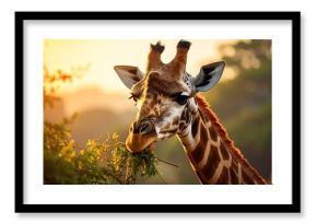 Giraffe eating leaves at sunset