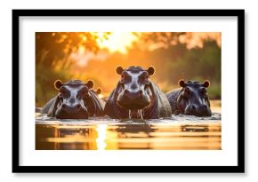 Hippos in sunset water
