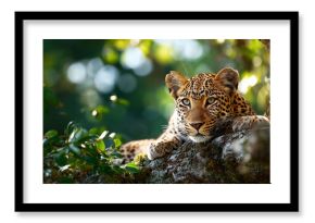 Leopard lounging on a tree branch, rosette coat shimmering in dappled light, Africa, leopard, wildlife, predator, tree, jungle, stealth, nature, with copy space