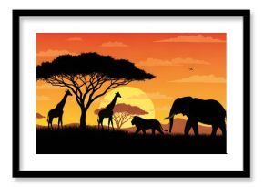 African safari animals silhouette at vibrant sunset landscape