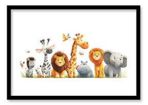 Set of cute African animals in cartoon style, including lions, elephants, and giraffes, isolated on white