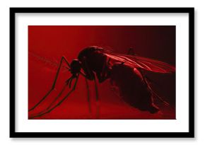 A striking close-up of a mosquito during blood-feeding, its body and wings lit up to highlight its anatomy.